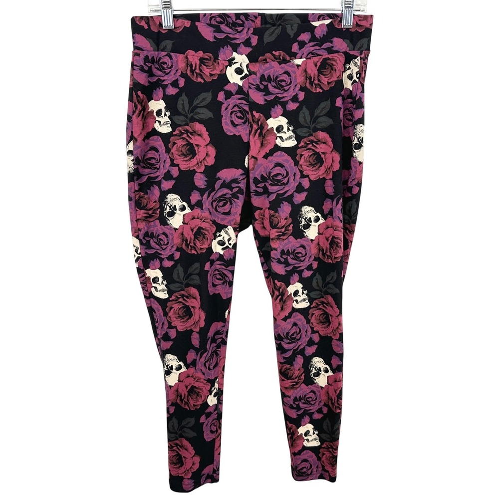 Torrid Plus Size 1X Leggings Black Pink Rose Skull Print Cotton Goth Edgy 1052